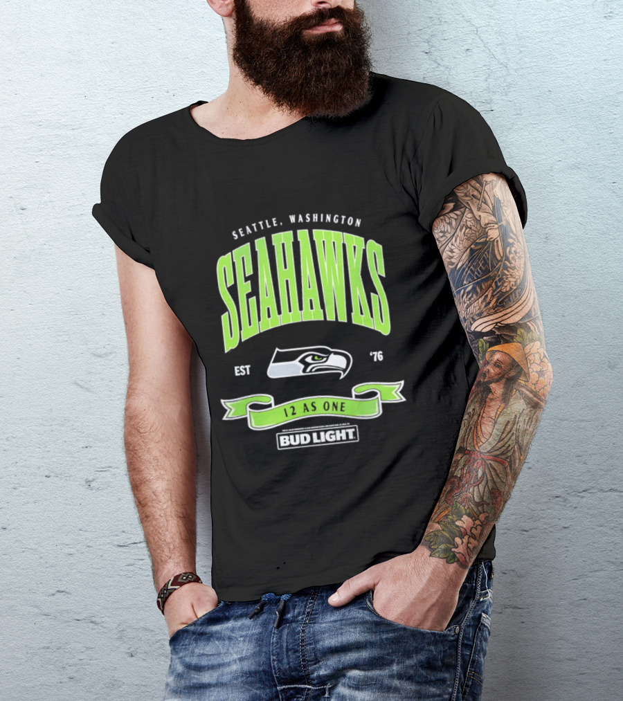 Seattle Washington Seahawks EST 76 Bud Light 12 As One T-Shirt