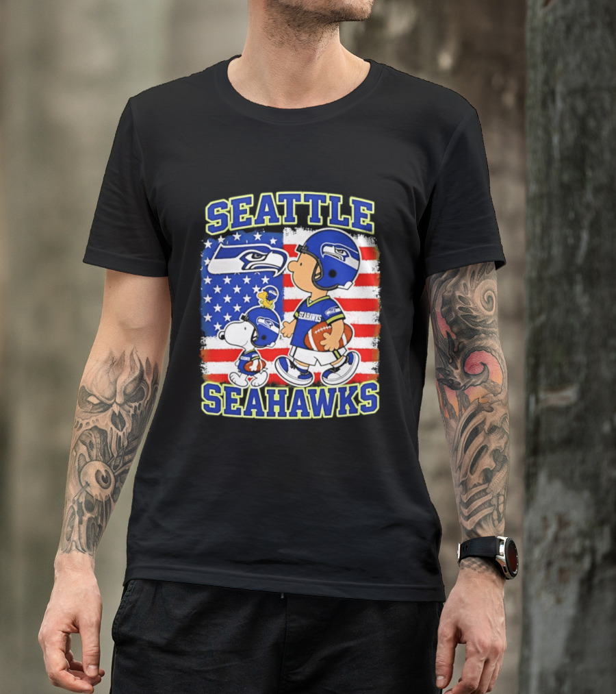 Snoopy Charlie Brown Seattle Seahawks American Flag Football T-Shirt