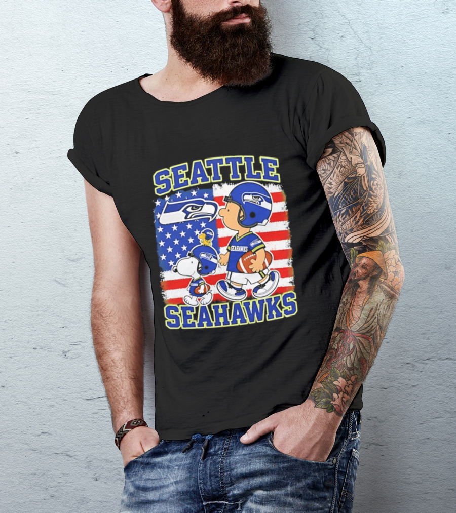 Snoopy Charlie Brown Seattle Seahawks American Flag Football T-Shirt