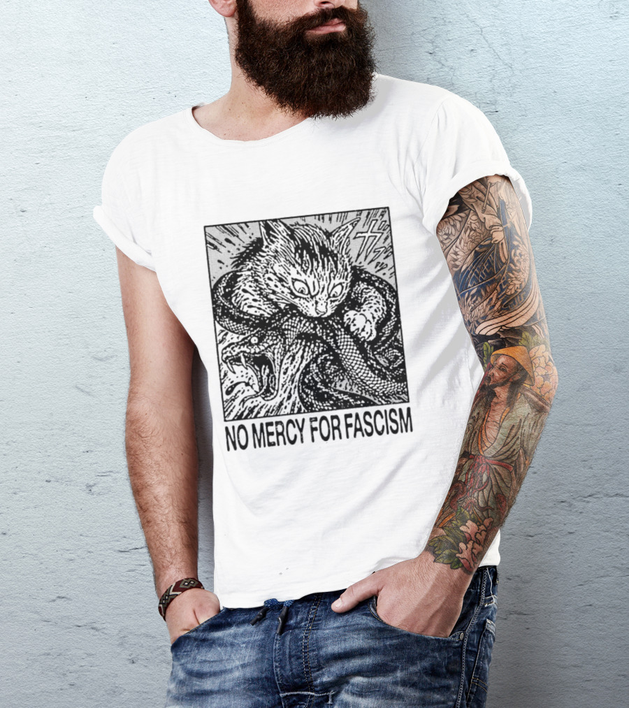 No Mercy For Fascism Cat Fighting Snake T-Shirt