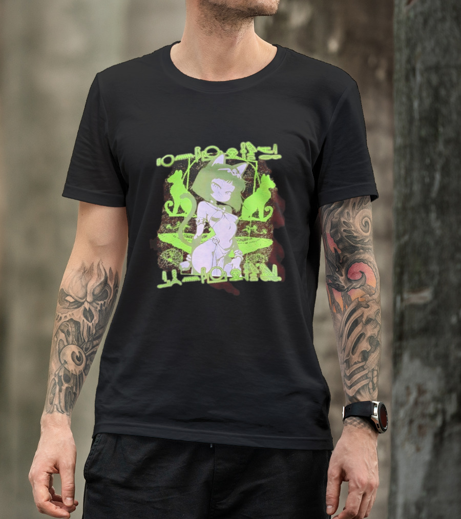 Anime Cat Girl Egyptian Hieroglyphics Neon Green Aesthetic T-Shirt