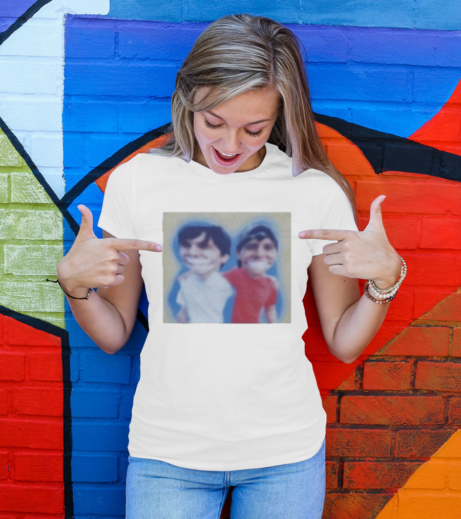 Slushy Noobs Hugging Cartoon Characters In Red And White Outfits T-Shirt