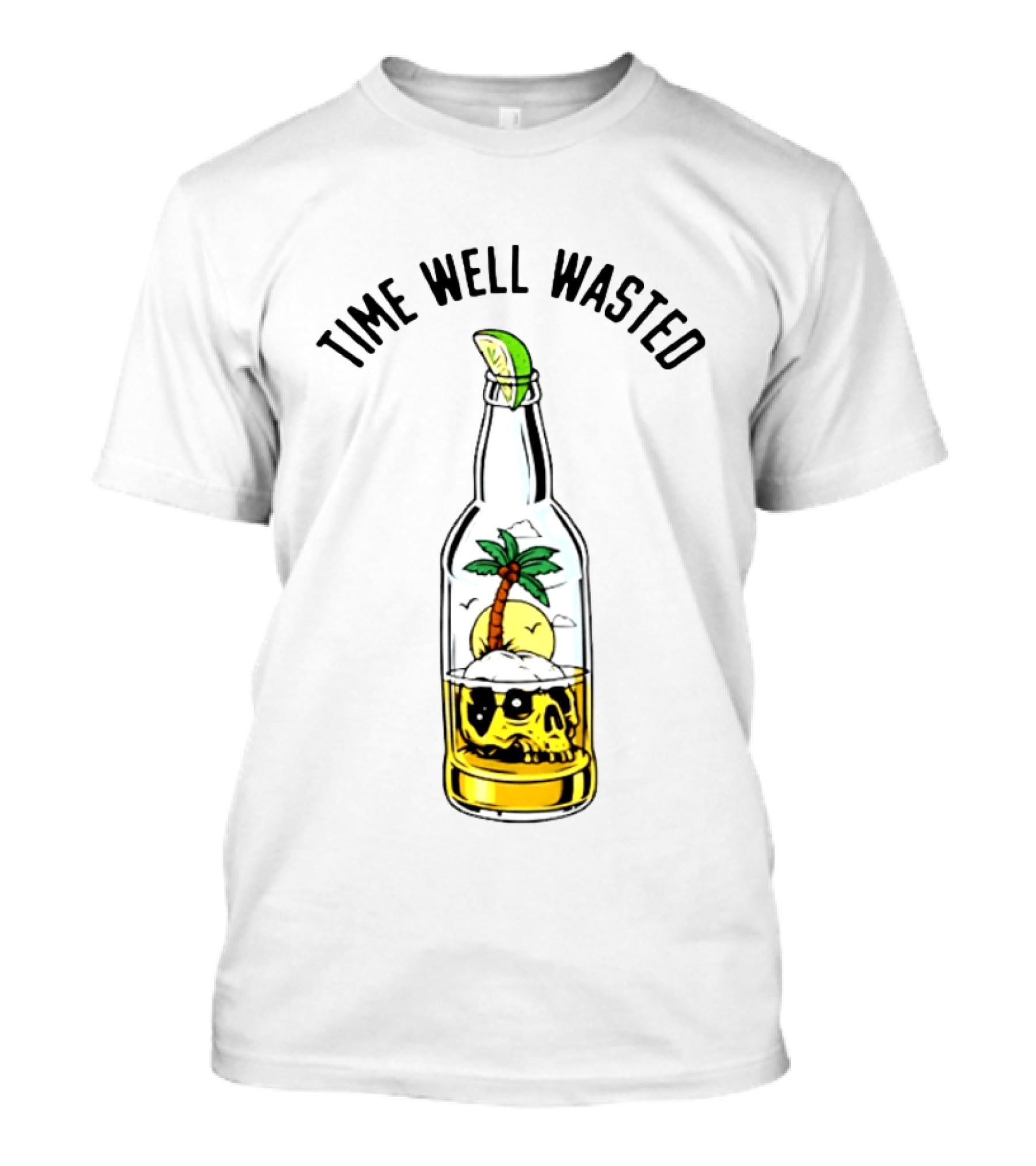 Time Well Wasted Skull And Palm Tree In Bottle With Lemon Slice T-Shirt