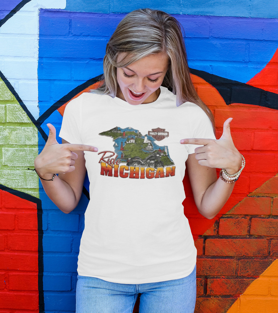 Ride Michigan Harley Davidson Motor Cycles Island Map And Lighthouse T-Shirt