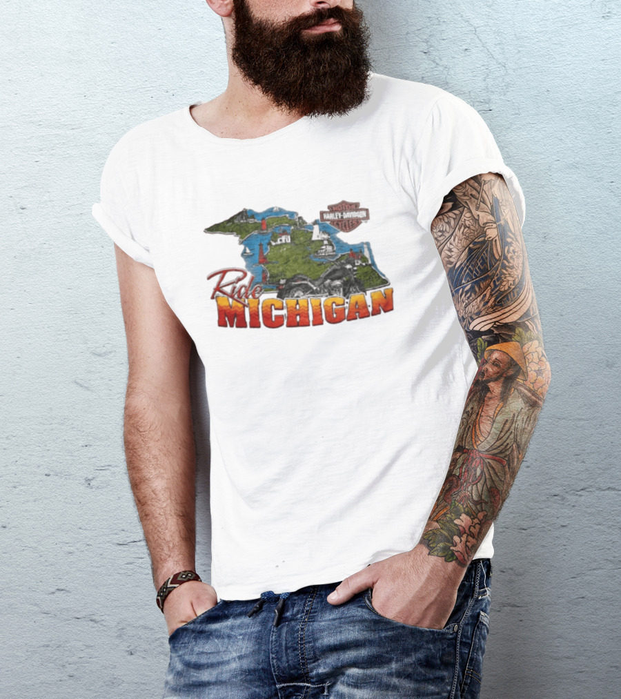 Ride Michigan Harley Davidson Motor Cycles Island Map And Lighthouse T-Shirt