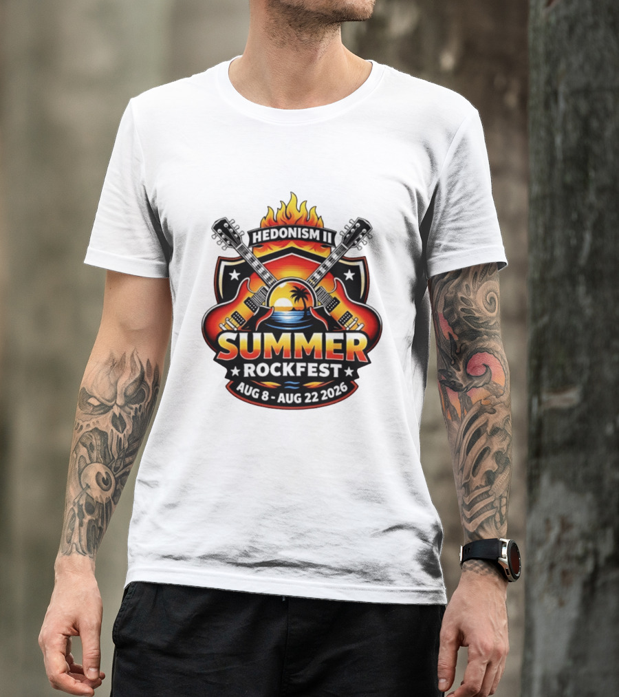 Hedonism II Summer Rockfest August 8 22 2026 Guitars Sunset Palms Fire T-Shirt