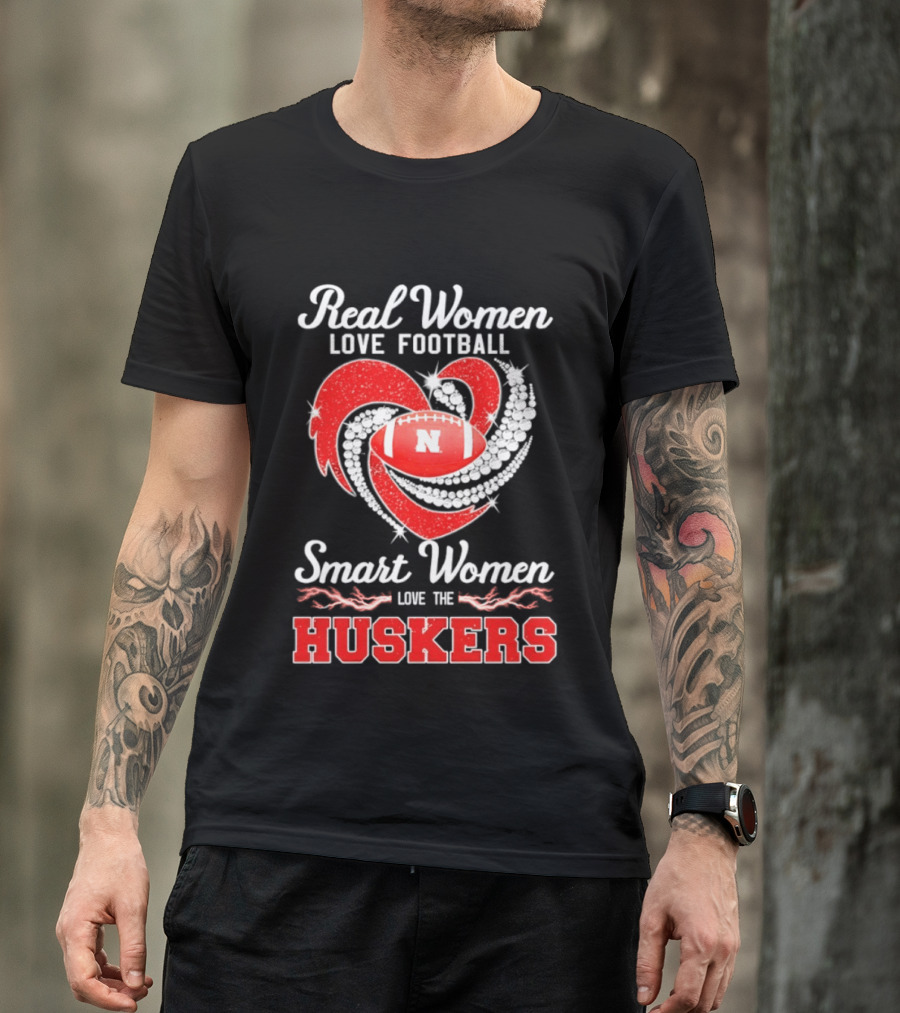 Real Women Love Football Smart Women Love The Nebraska Huskers Football Heart T-Shirt