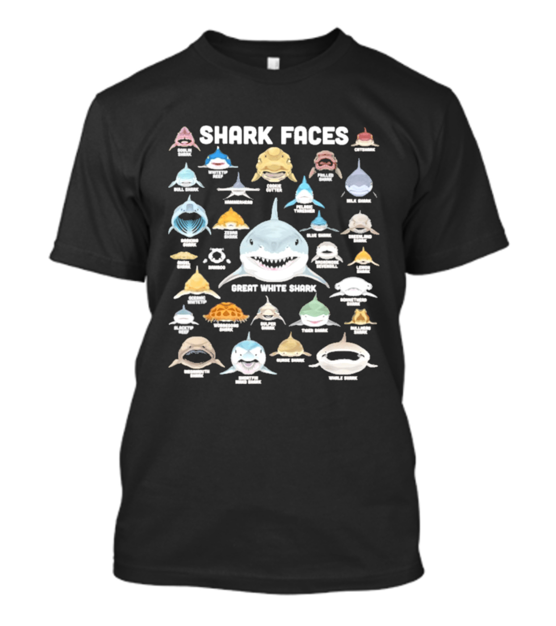 Shark Faces Types Marine Biology Great White Hammerhead Whale Tiger Goblin Thresher Whale Goblin T-Shirt