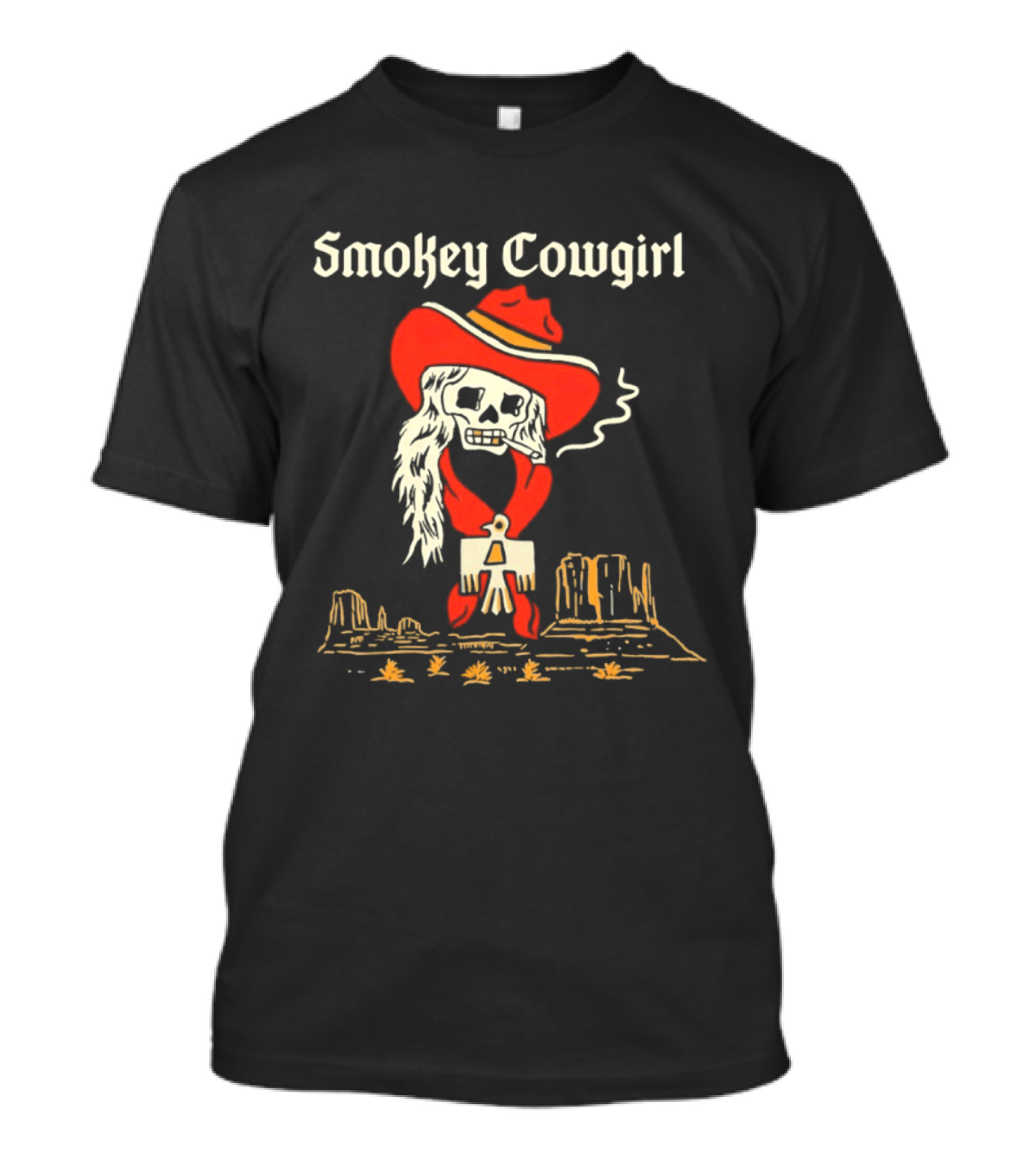 Smokey Cowgirl Western Skeleton Cowboy Desert Scene T-Shirt