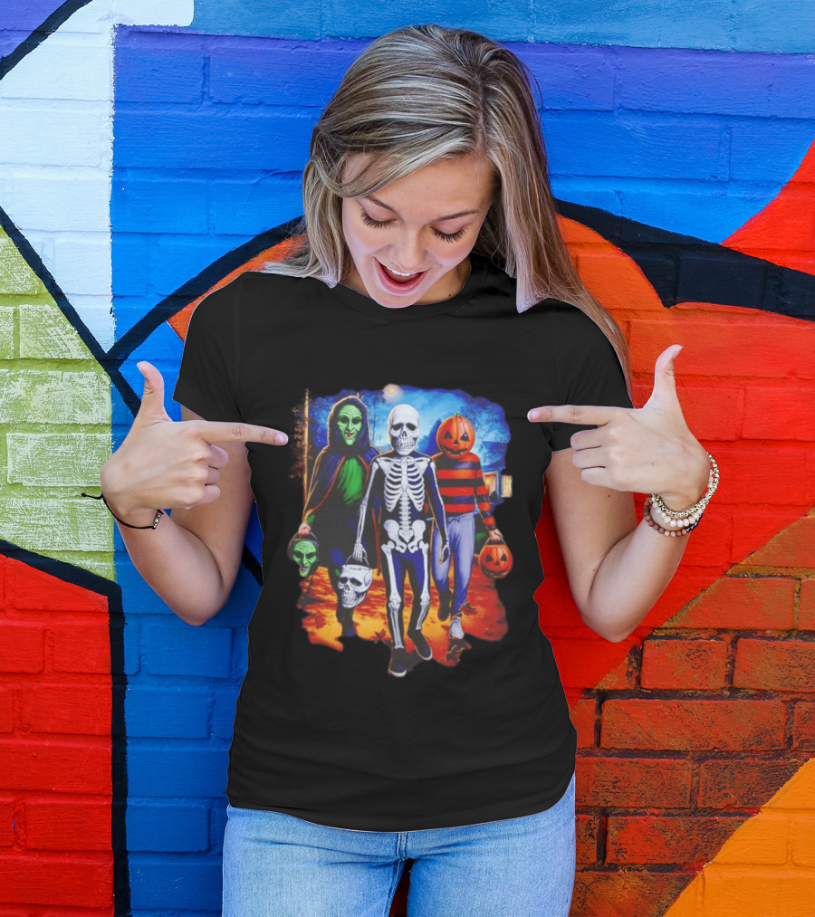 2026 Halloween Trick Or Treat Trio Skeleton Witch Pumpkin Night T-Shirt