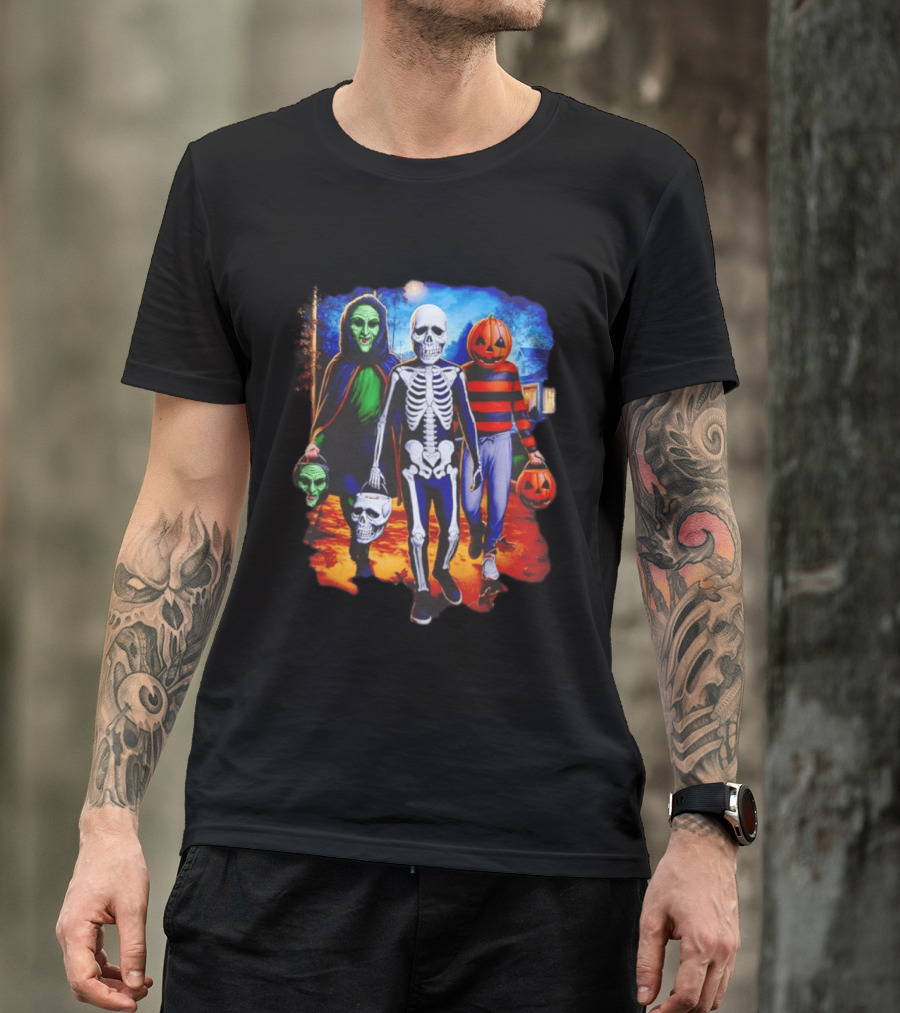 2026 Halloween Trick Or Treat Trio Skeleton Witch Pumpkin Night T-Shirt