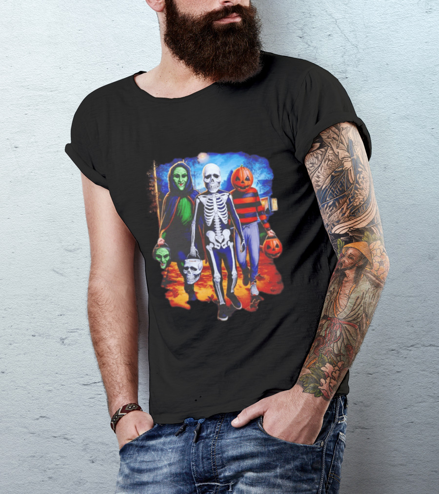 2026 Halloween Trick Or Treat Trio Skeleton Witch Pumpkin Night T-Shirt