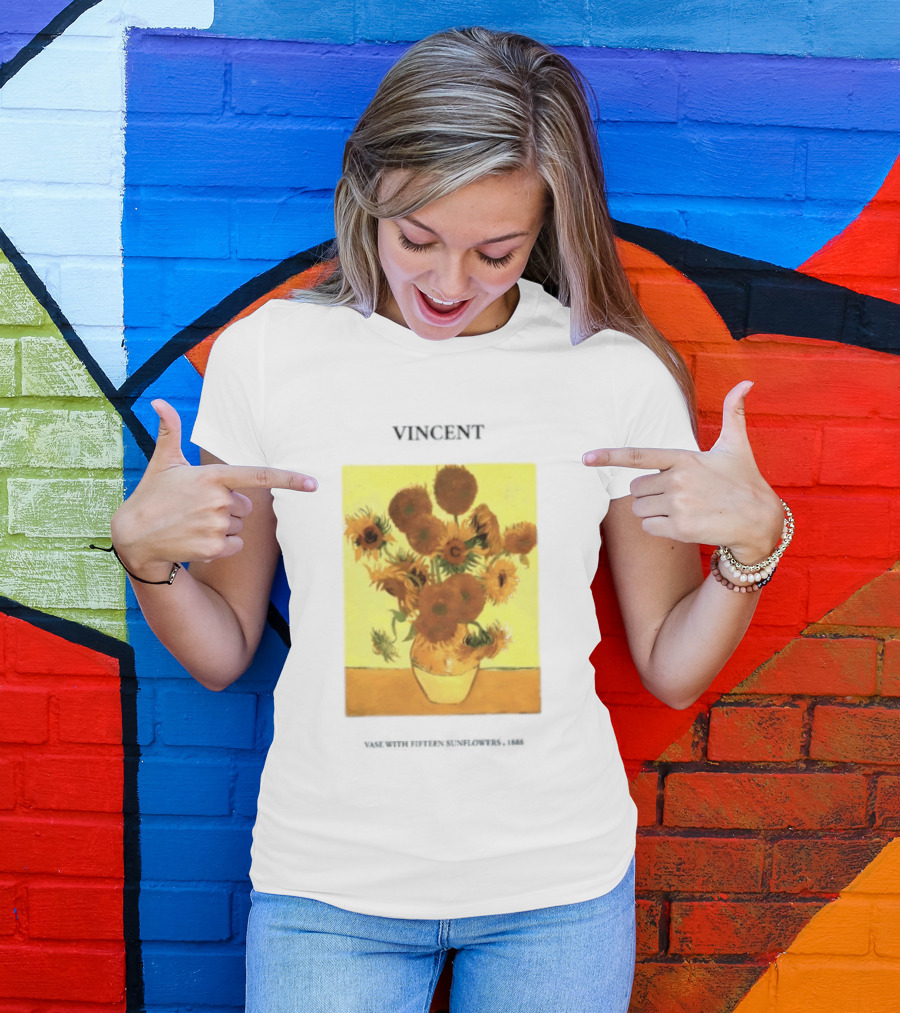 Vincent Van Gogh Sunflowers Vase Painting Vincent Written On It T-Shirt