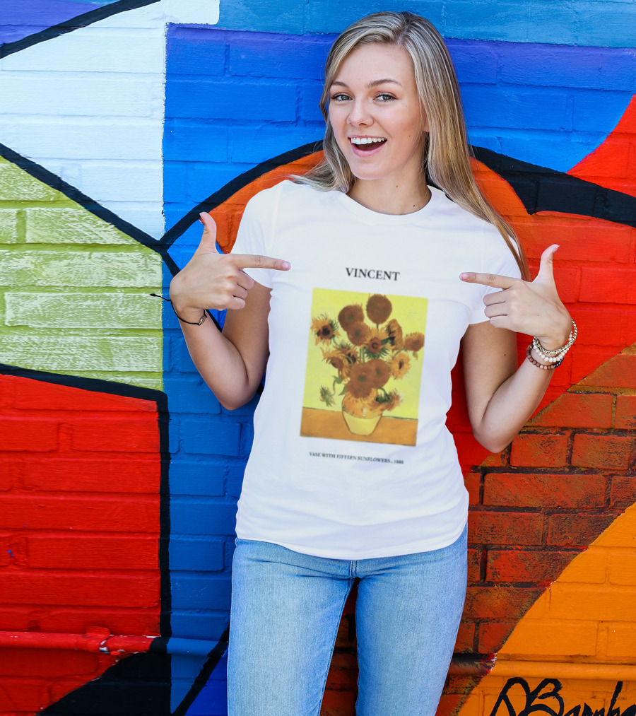 Vincent Van Gogh Sunflowers Vase Painting Vincent Written On It T-Shirt