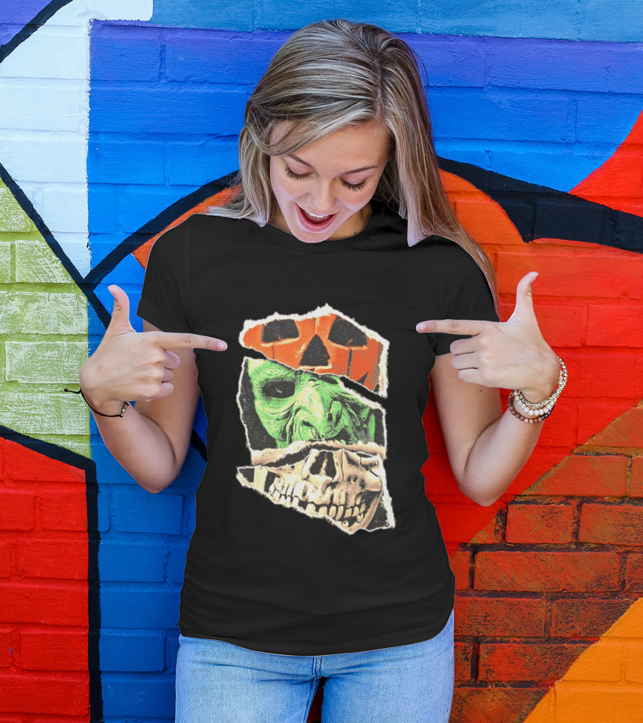 Halloween Trio Three Masks Horror Season Of The Witch Pumpkin Skull Green Mask T-Shirt