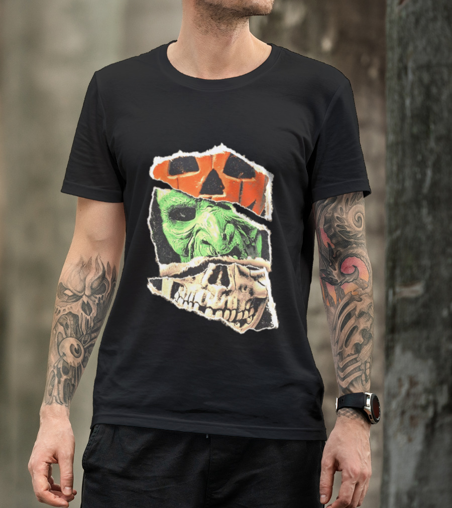 Halloween Trio Three Masks Horror Season Of The Witch Pumpkin Skull Green Mask T-Shirt