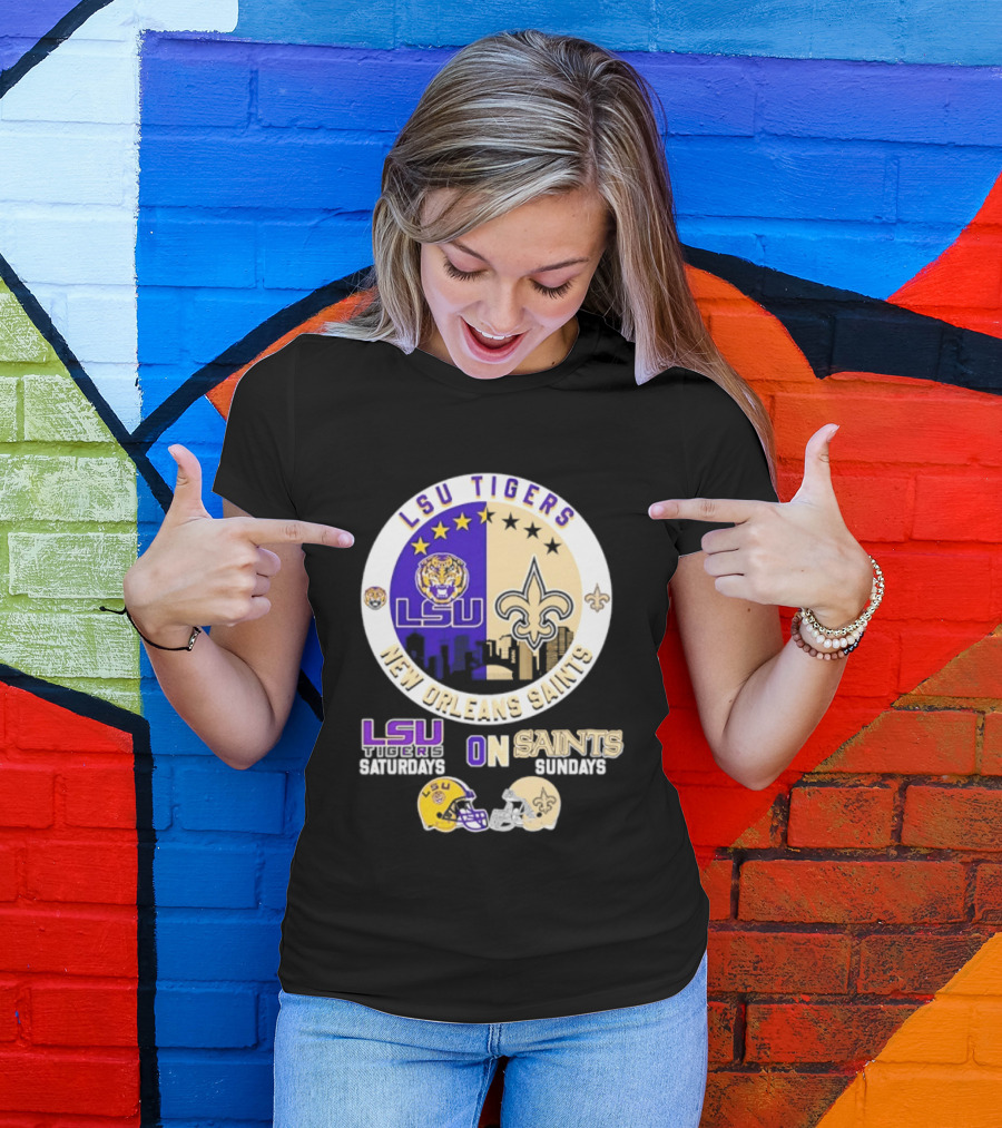 LSU Tigers New Orleans Saints Skyline Helmet Celebration Saturdays Sundays T-Shirt