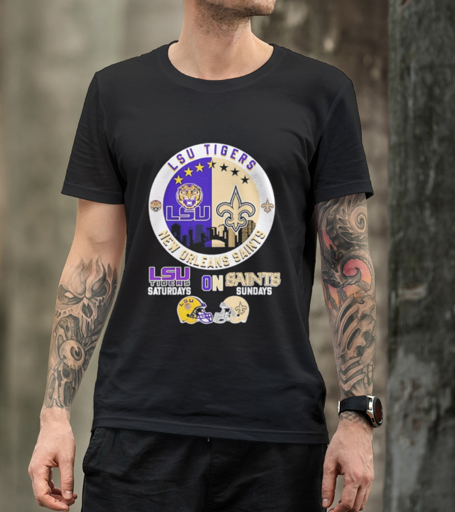 LSU Tigers New Orleans Saints Skyline Helmet Celebration Saturdays Sundays T-Shirt