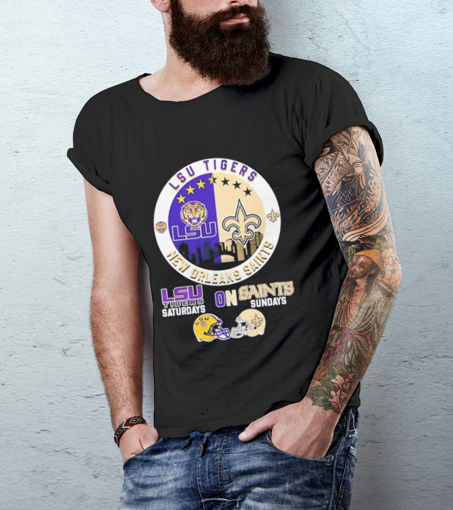 LSU Tigers New Orleans Saints Skyline Helmet Celebration Saturdays Sundays T-Shirt