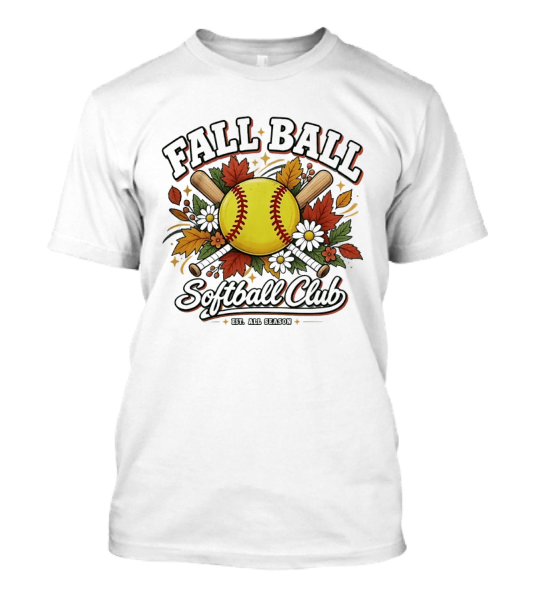 Fall Ball Softball Club Established All Season Autumn Leaves And Bats T-Shirt