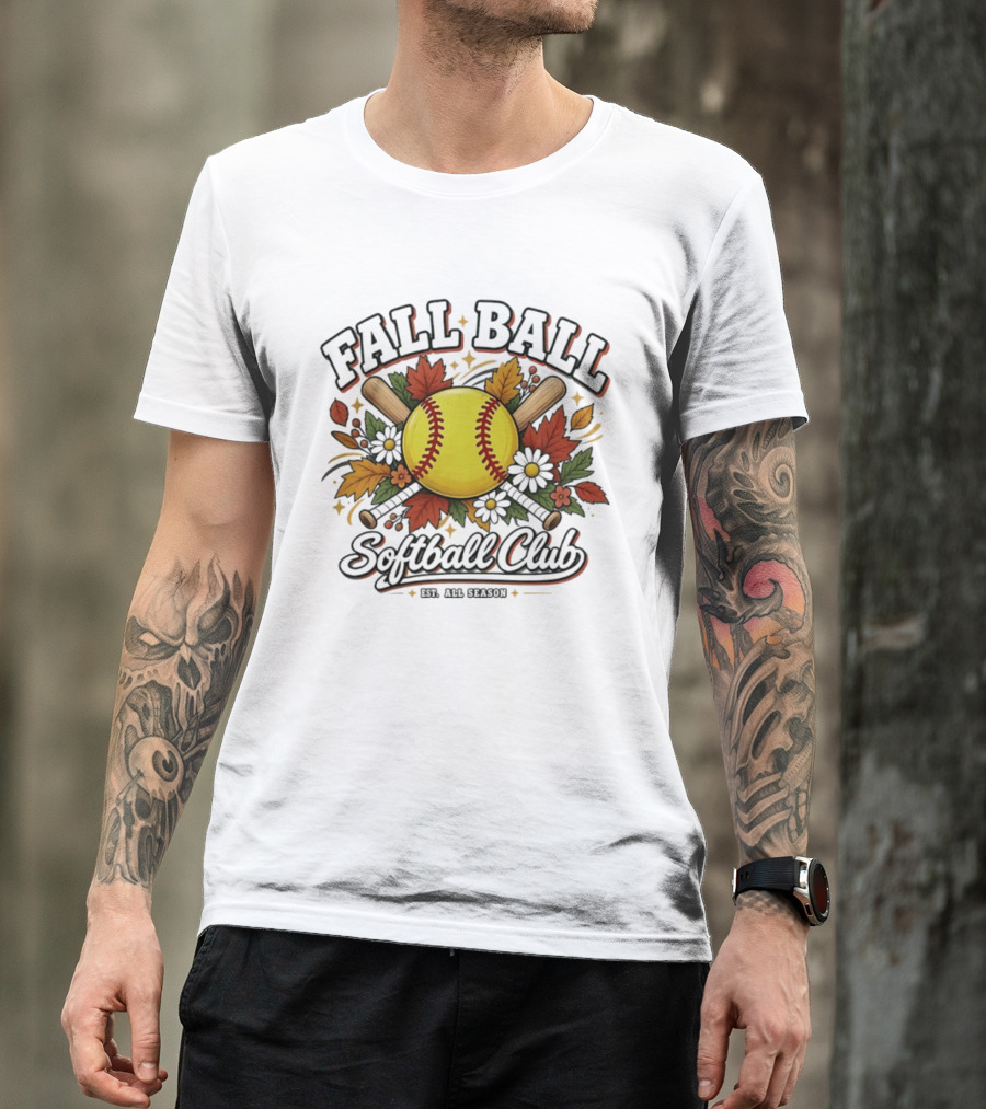 Fall Ball Softball Club Established All Season Autumn Leaves And Bats T-Shirt