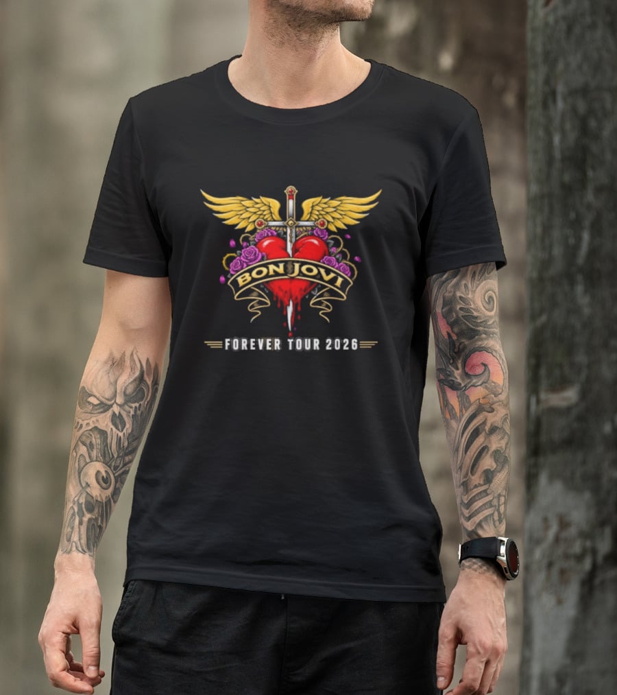 Bon Jovi Forever Tour 2026 Heart And Dagger Wings Roses T-Shirt