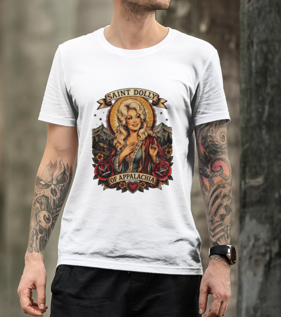 Saint Dolly Of Appalachia Iconic Tribute With Roses And Mountains T-Shirt