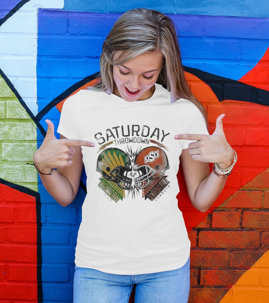 Oklahoma State Vs Oregon Saturday Throwdown 2026 Helmet Clash T-Shirt