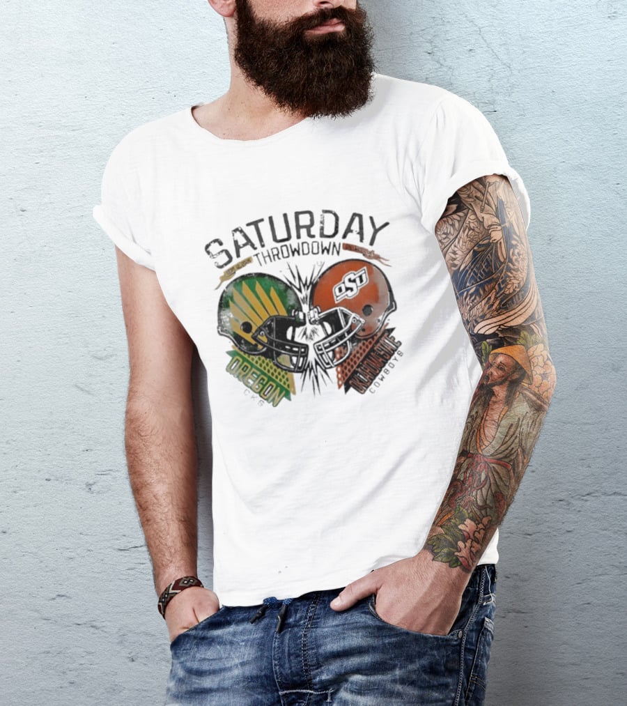 Oklahoma State Vs Oregon Saturday Throwdown 2026 Helmet Clash T-Shirt