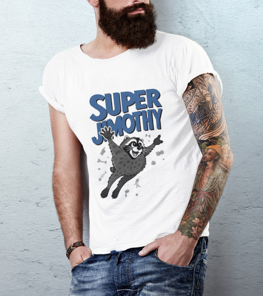 Super Jimothy Leaping Raccoon Playful Adventure T-Shirt