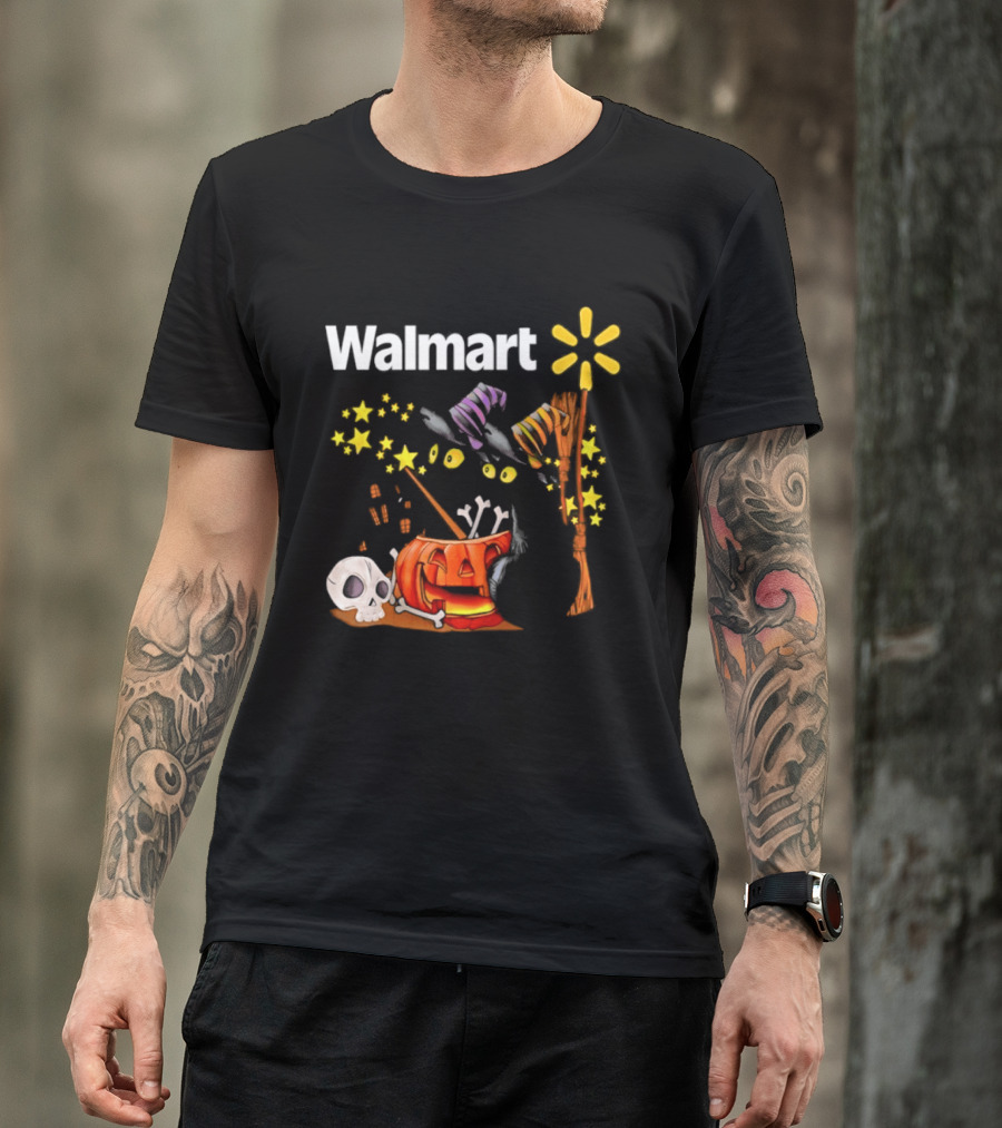 Walmart Halloween 2026 Black Cats With Witch Hats Pumpkin Skull And Stars T-Shirt