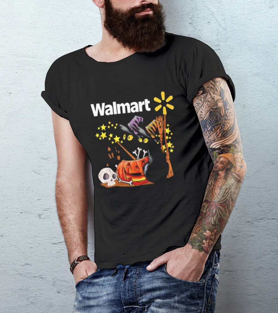 Walmart Halloween 2026 Black Cats With Witch Hats Pumpkin Skull And Stars T-Shirt