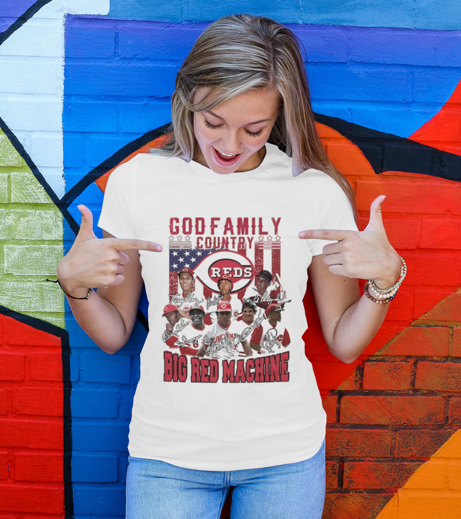 Cincinnati Reds God Family Country Big Red Machine Reds Signatures T-Shirt