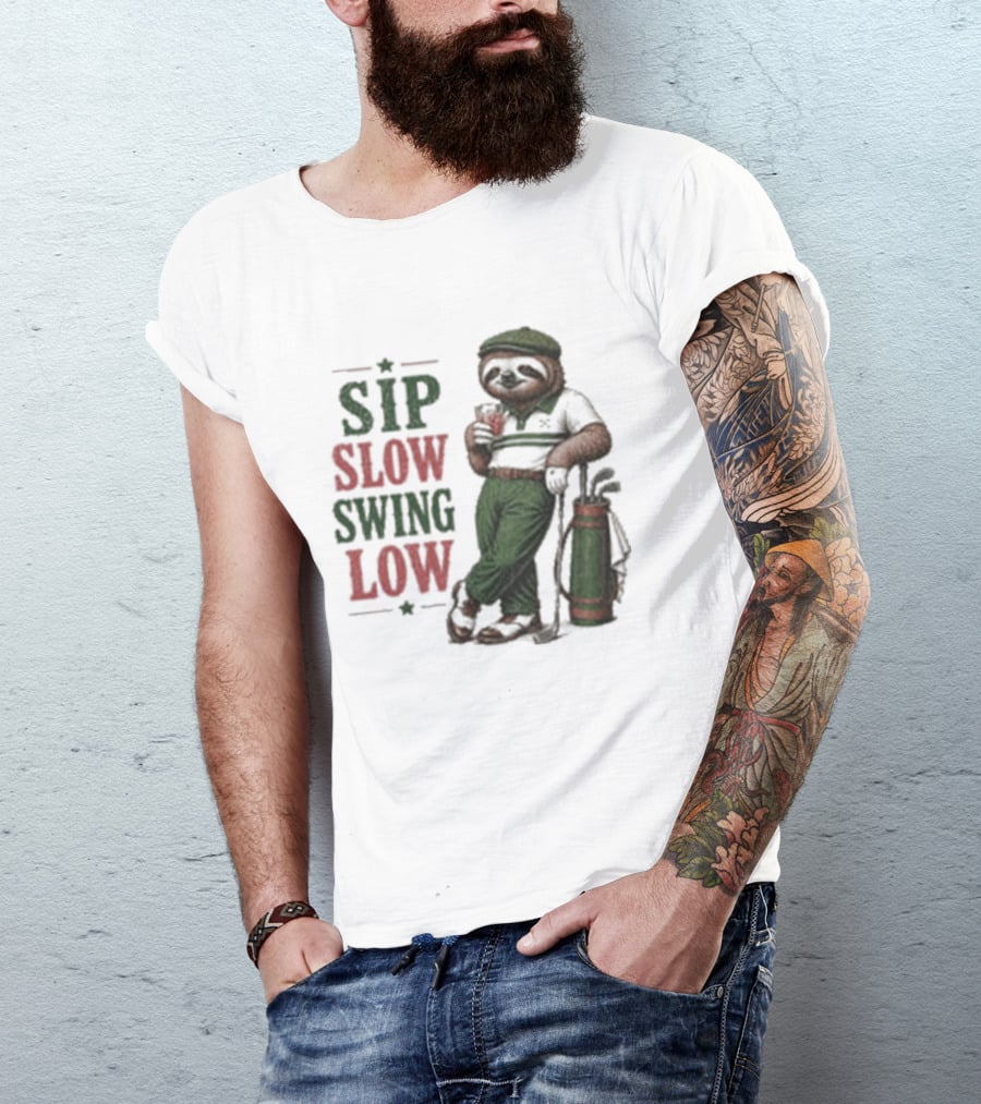 Sip Slow Swing Low Sloth Golfer Drinking Relaxed Golf T-Shirt
