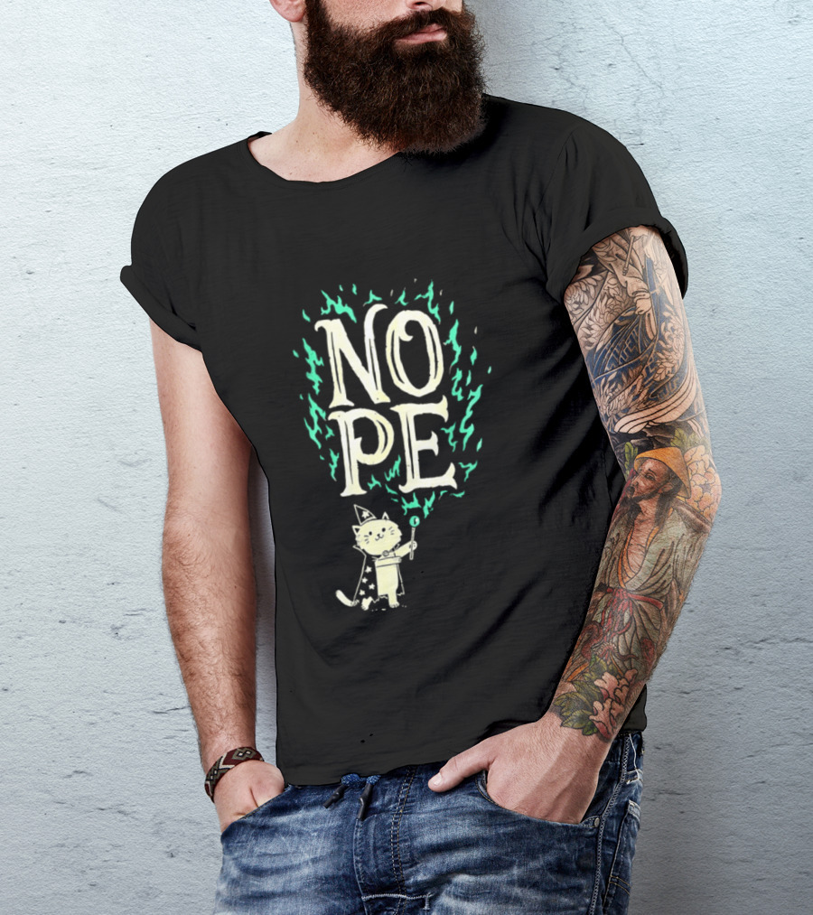 Nope Cat Wizard With Magic Wand And Flames T-Shirt