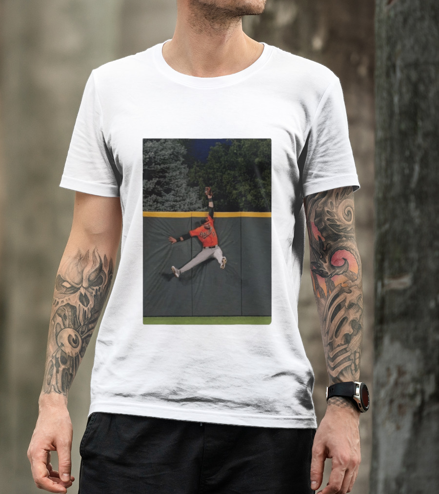 Colton Cowser Catch At Wall Wearing Red O's Jersey In Field Action T-Shirt