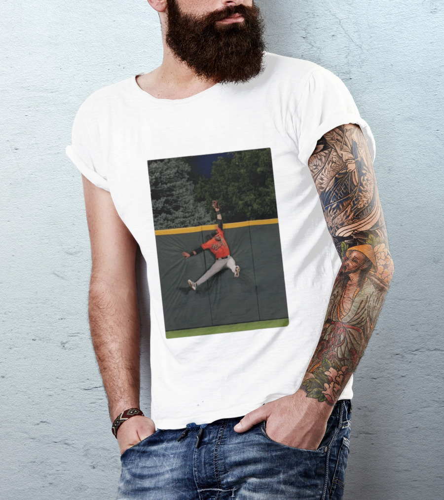 Colton Cowser Catch At Wall Wearing Red O's Jersey In Field Action T-Shirt