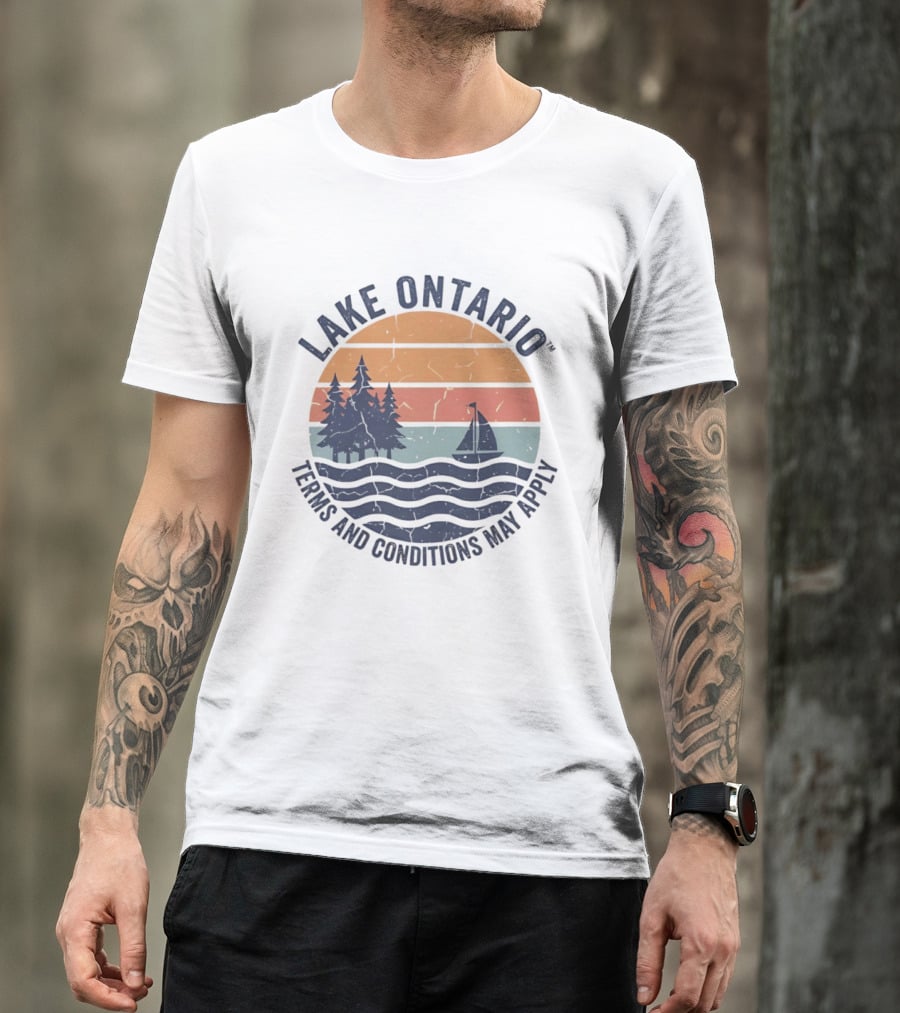 Lake Ontario Terms And Conditions May Apply Sunset Scene With Sailboat And Trees T-Shirt