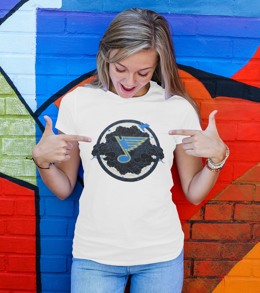 STL Blues Fourth Wing Night 2026 Circle Blue Emblem With Musical Note And Clouds T-Shirt
