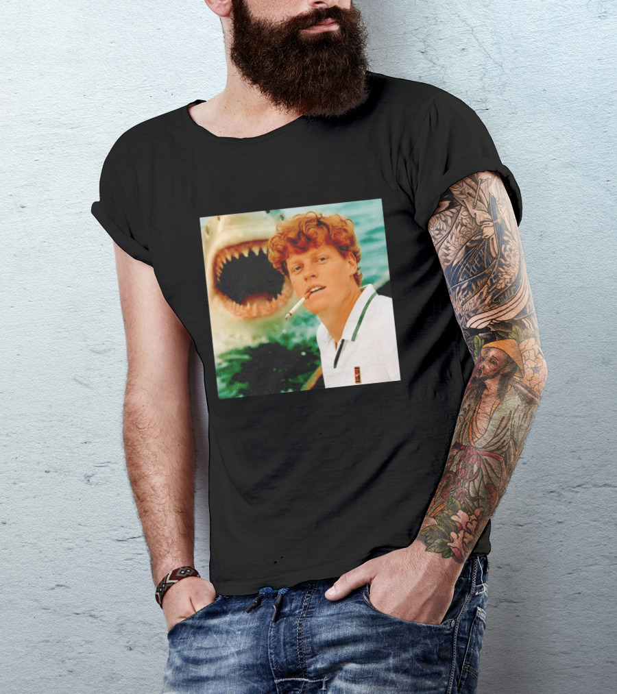Jannik Sinner Smoking With Jaws Shark Behind T-Shirt