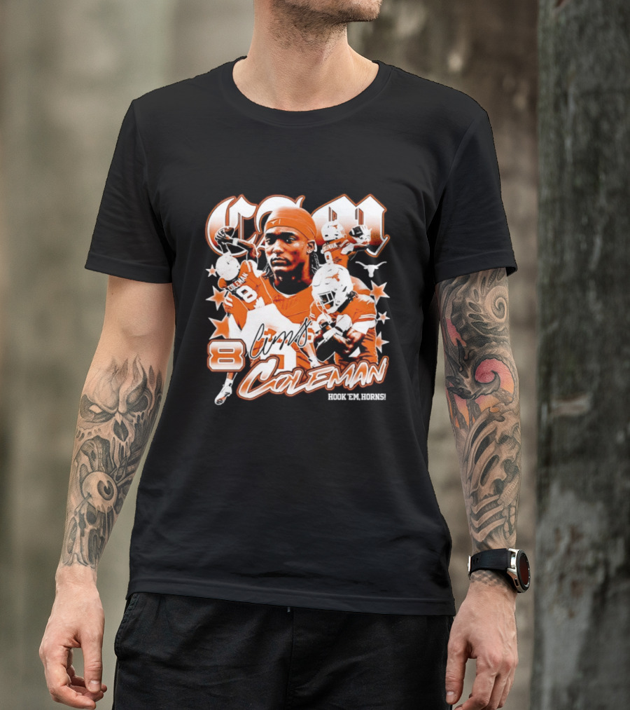 Cameron Coleman 8 Texas Longhorns NCAA Football Star Player Action T-Shirt