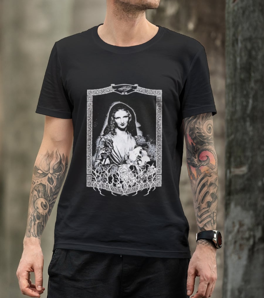 Cursed Black Metal Gothic Dark Saintly Figure With Floral Skull Motif T-Shirt