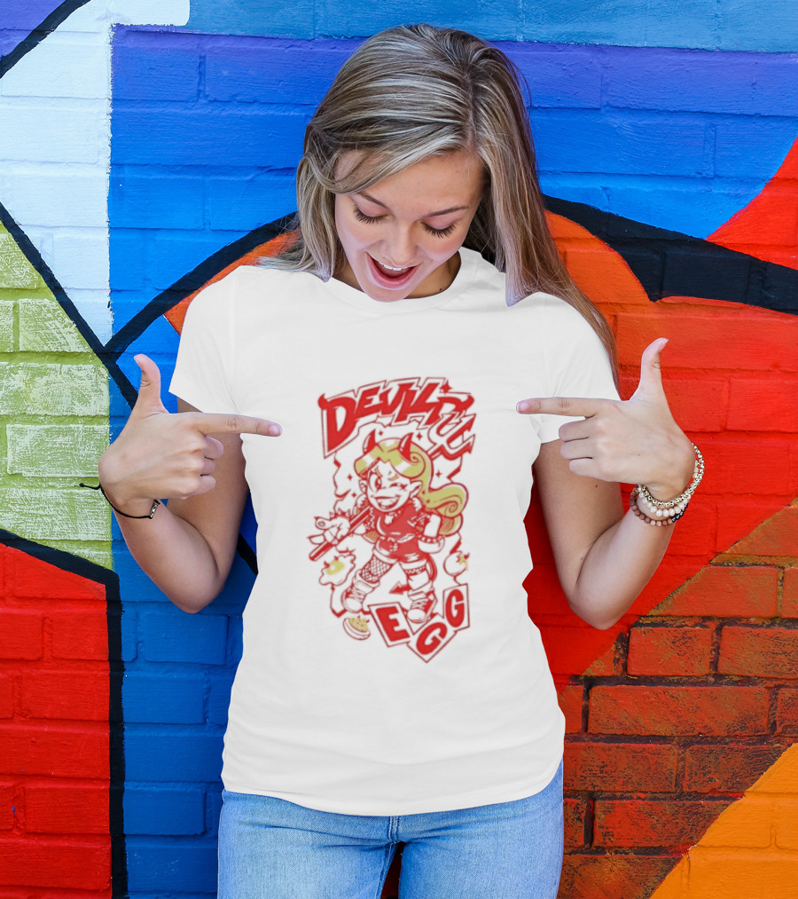 Devil Egg Cartoon Character With Pitchfork And Horns T-Shirt