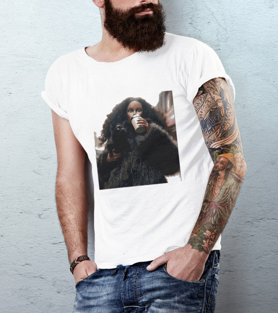 Diana's Cat Club Fashionable Coffee Moment With Furry Coat And Black Cat T-Shirt