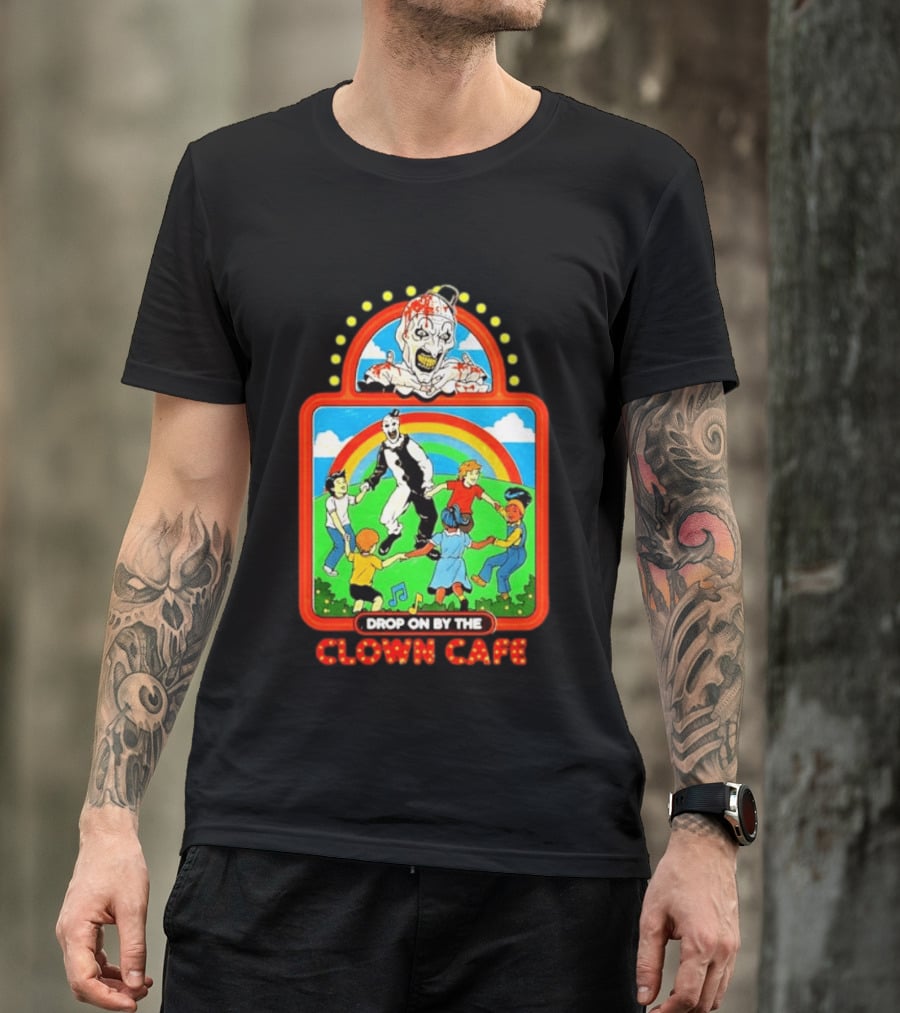Drop On By The Clown Cafe Creepy Clown Horror With Rainbow And Dancing Kids T-Shirt