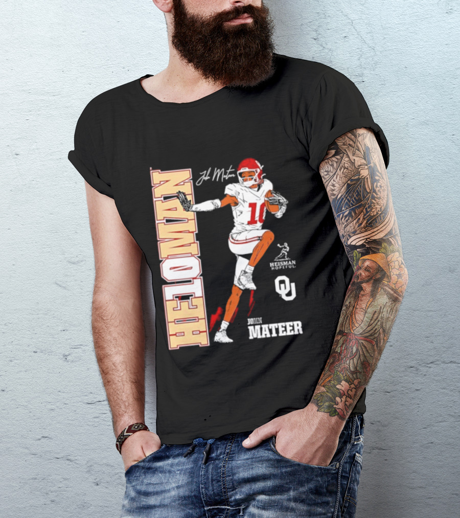 HE10MAN J Mateer Oklahoma Sooners Heisman Stance Player Number 10 T-Shirt