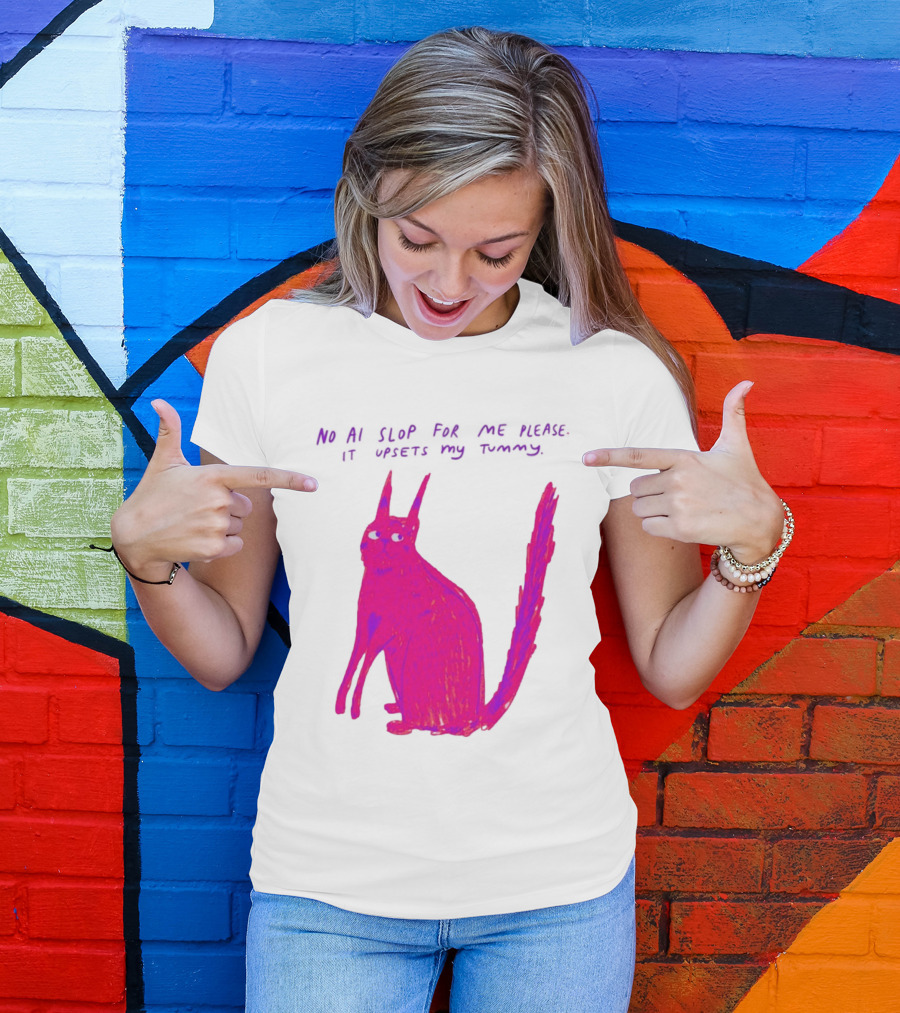 No AI Slop For Me Please It Upsets My Tummy Pink Cat T-Shirt