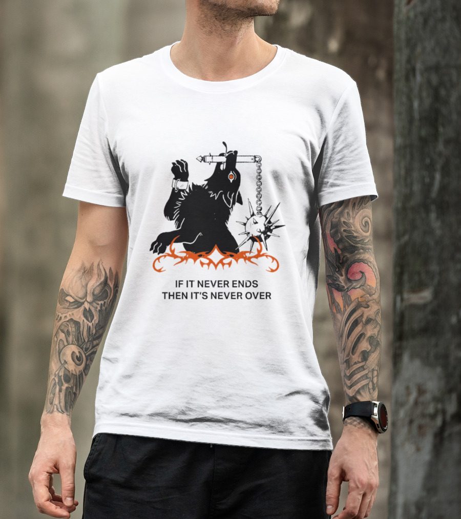 If It Never Ends Then It's Never Over Gothic Skeleton Warrior With Spiked Mace And Orange Flames T-Shirt
