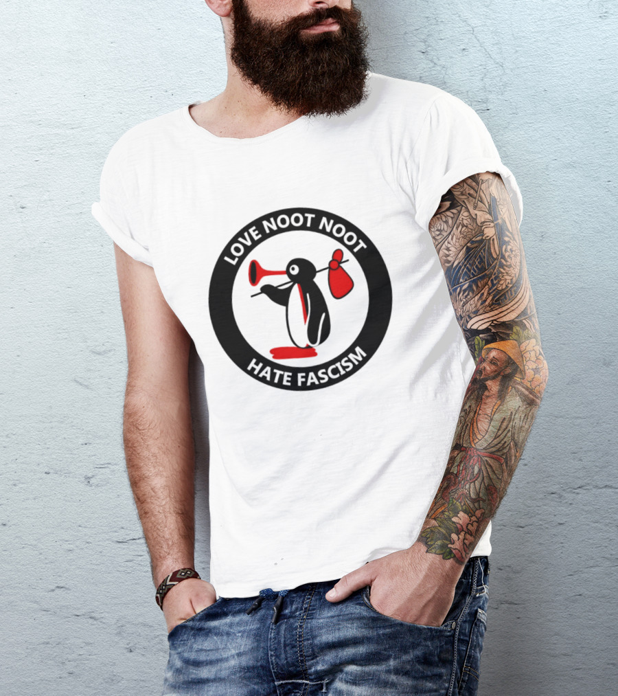 Love Noot Noot Hate Fascism Penguin Carrying Red Bag T-Shirt