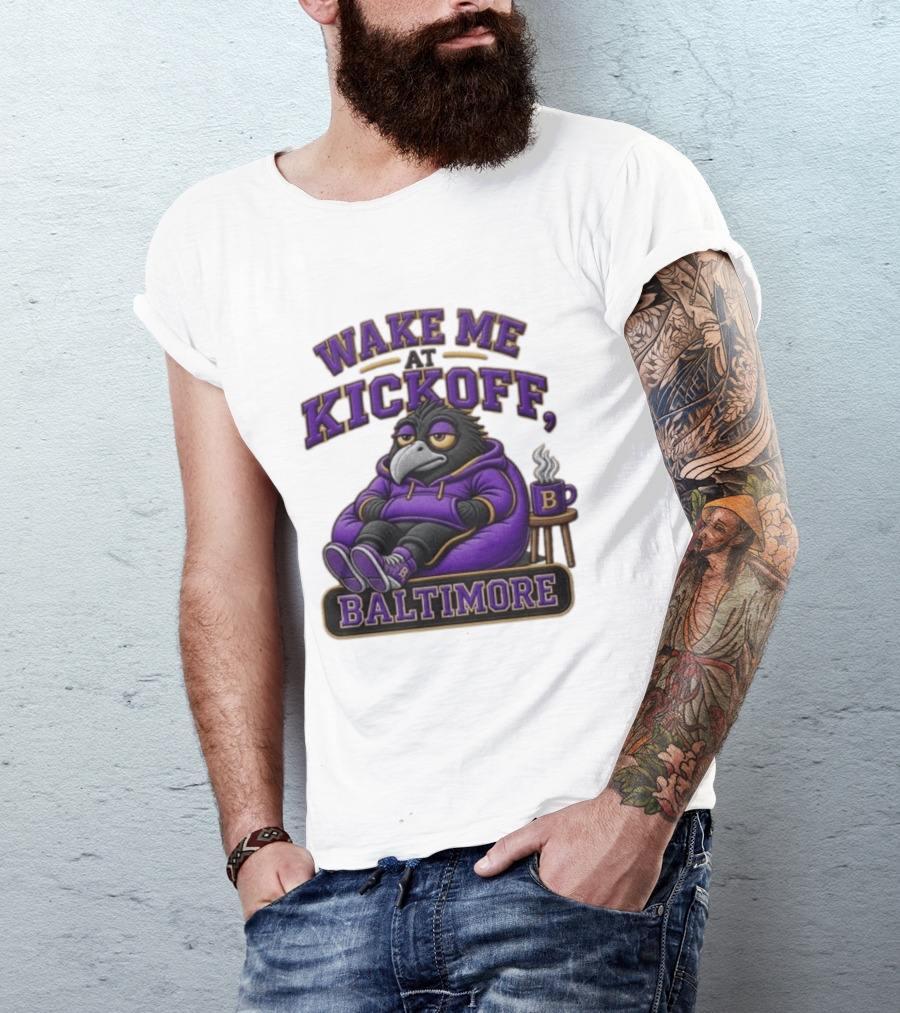 Wake Me At Kickoff Baltimore Purple Bird With Coffee T-Shirt